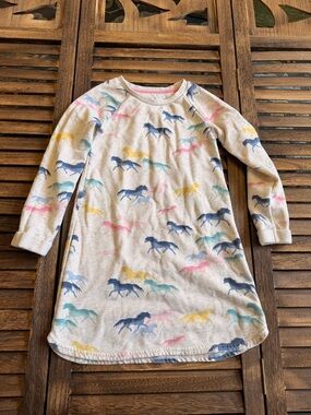 LOGG H&M Cream Heather Long-Sleeve Girls Dress with Multicolor Horse Print 4-6